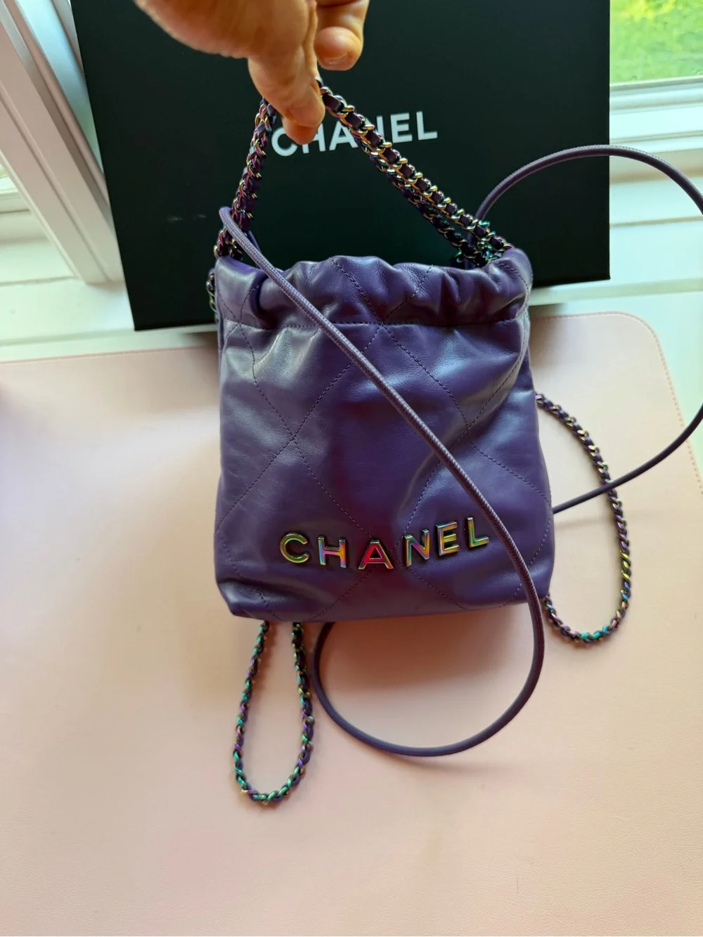 CHANEL Purple Quilted Leather Shoulder/Crossbody Bag with Iridescent Chain